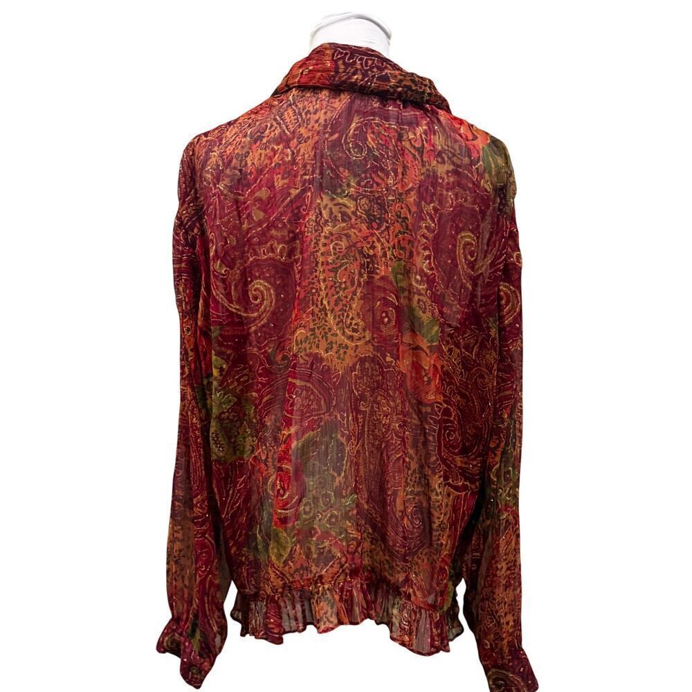 Coldwater Creek Burgundy Sheer Shimmer Paisley Blouse Boho Romantic Large Indie - Picture 2 of 9